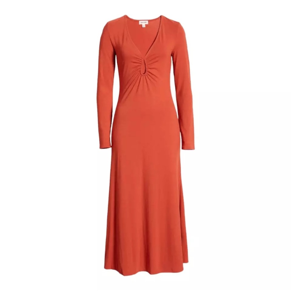 OPEN EDIT Ruched Cutout Long Sleeve Midi Dress In Rust Bossa - Picture 6 of 6